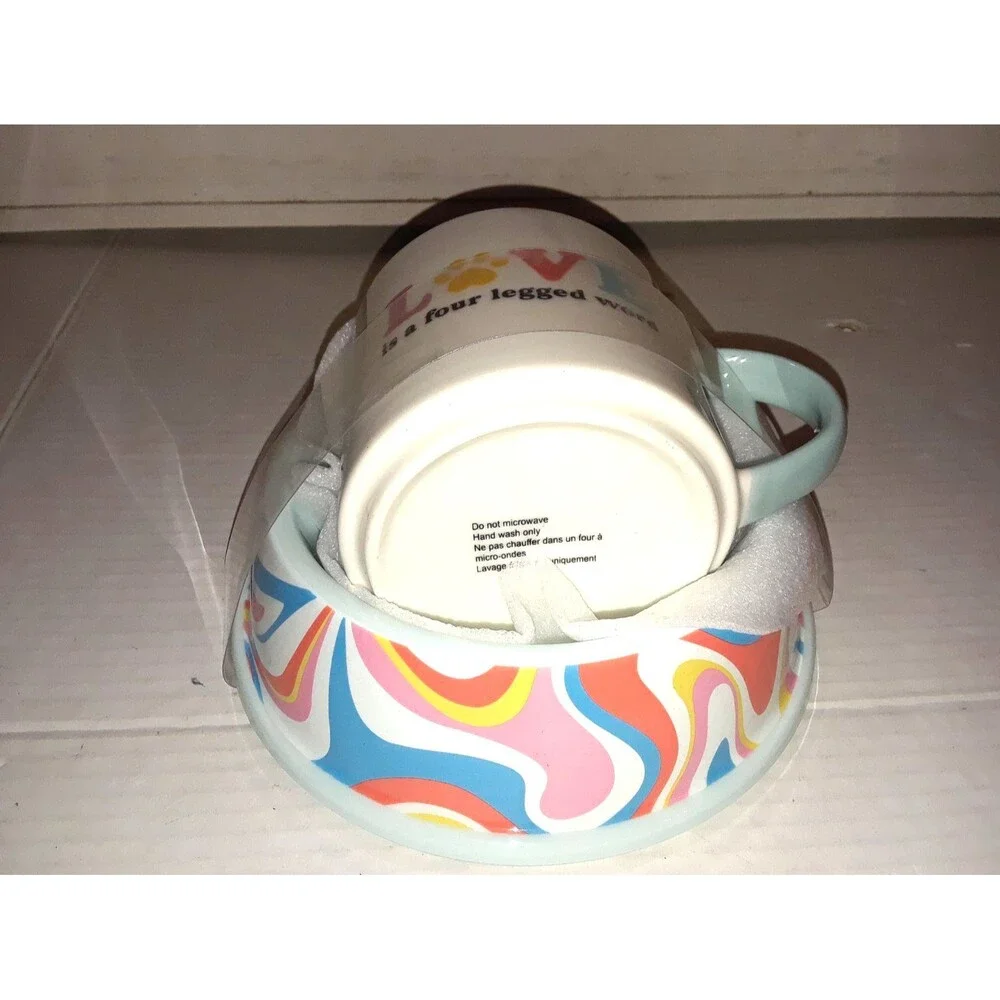 DOG Food Bowl With HUMAN Mug Adorable Set Hippy Psychedelic Design